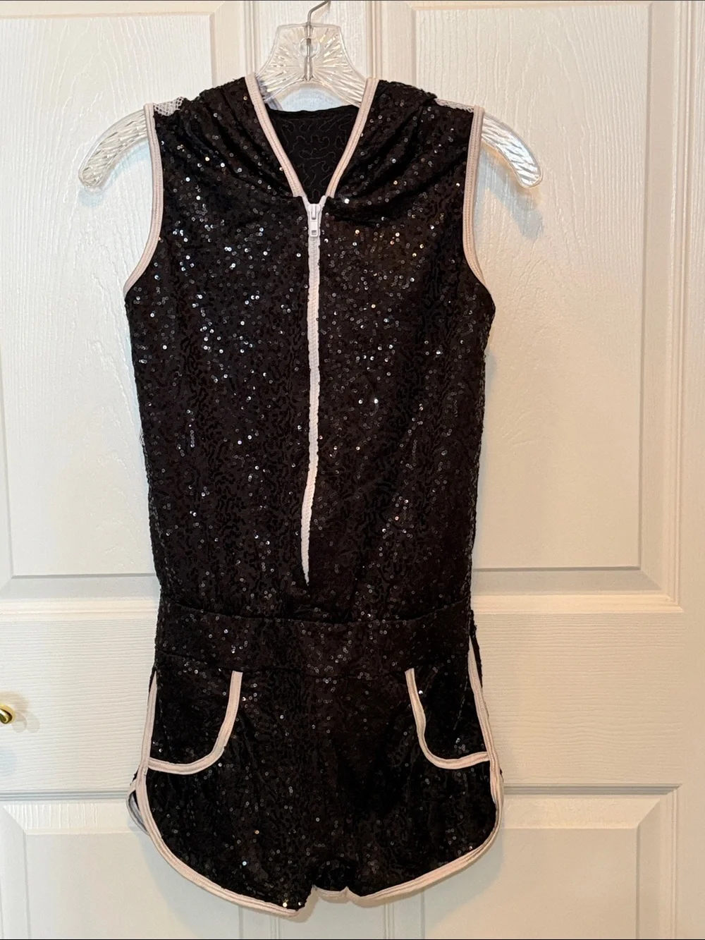 Black Sequin Girls' Dance Costume Romper with Hood